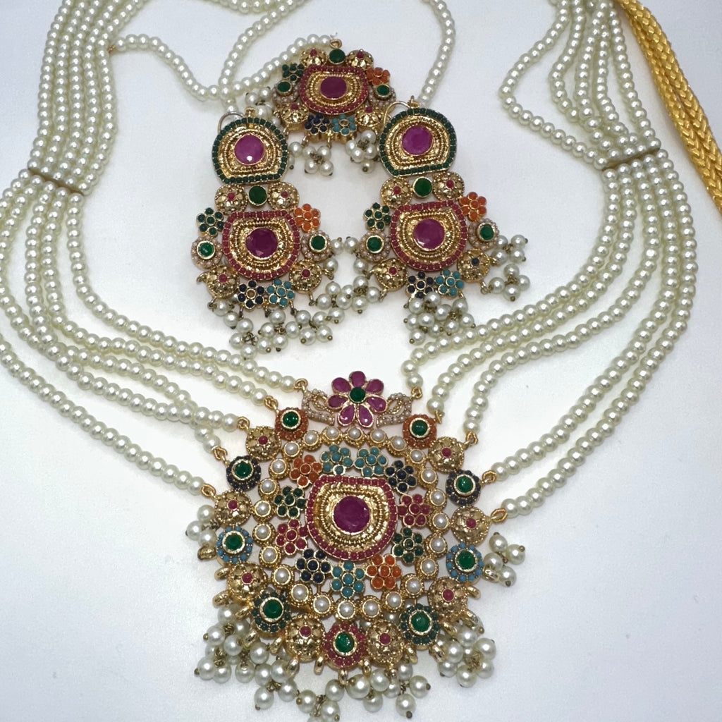 Indian gold kundan pearl gems necklace earrings maang tikka full mala set