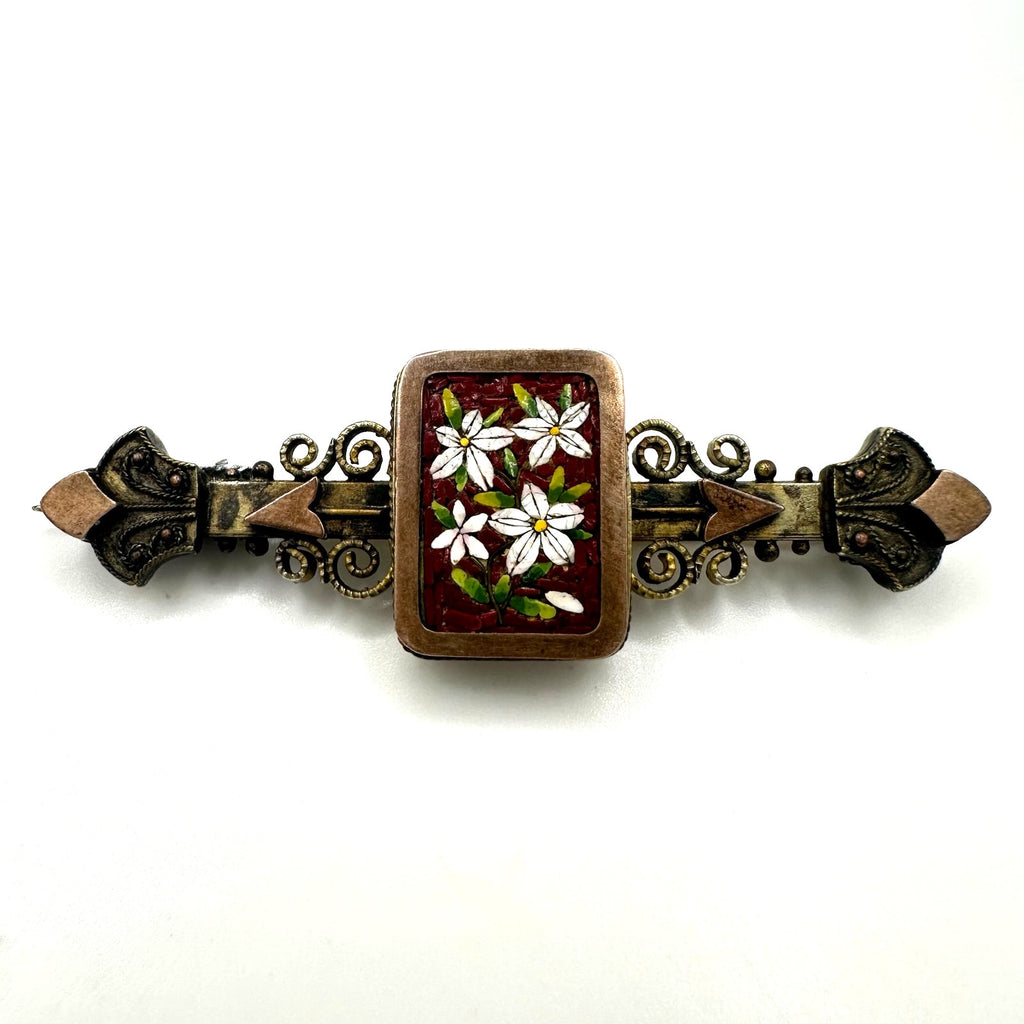 Antique Victorian 1880s micro mosaic gold filled Etruscan Revival bar pin brooch
