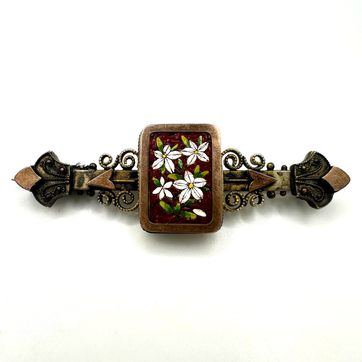 Antique Victorian 1880s micro mosaic gold filled Etruscan Revival bar pin brooch