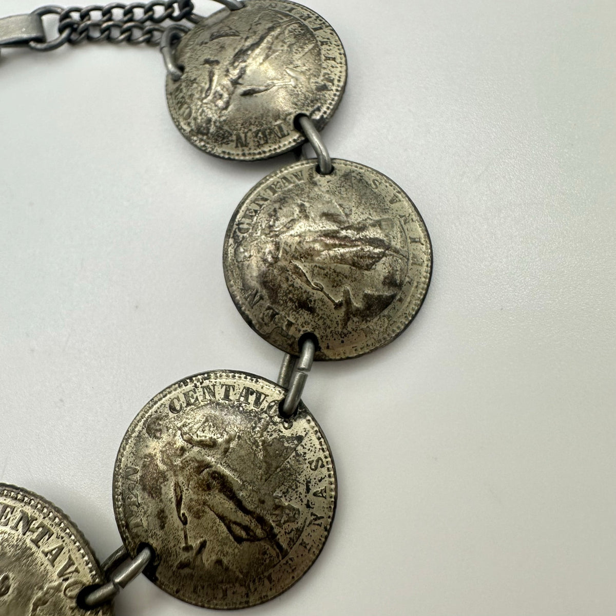WWII era vintage retro USA Philippines 750 sterling silver 7 coins bracelet