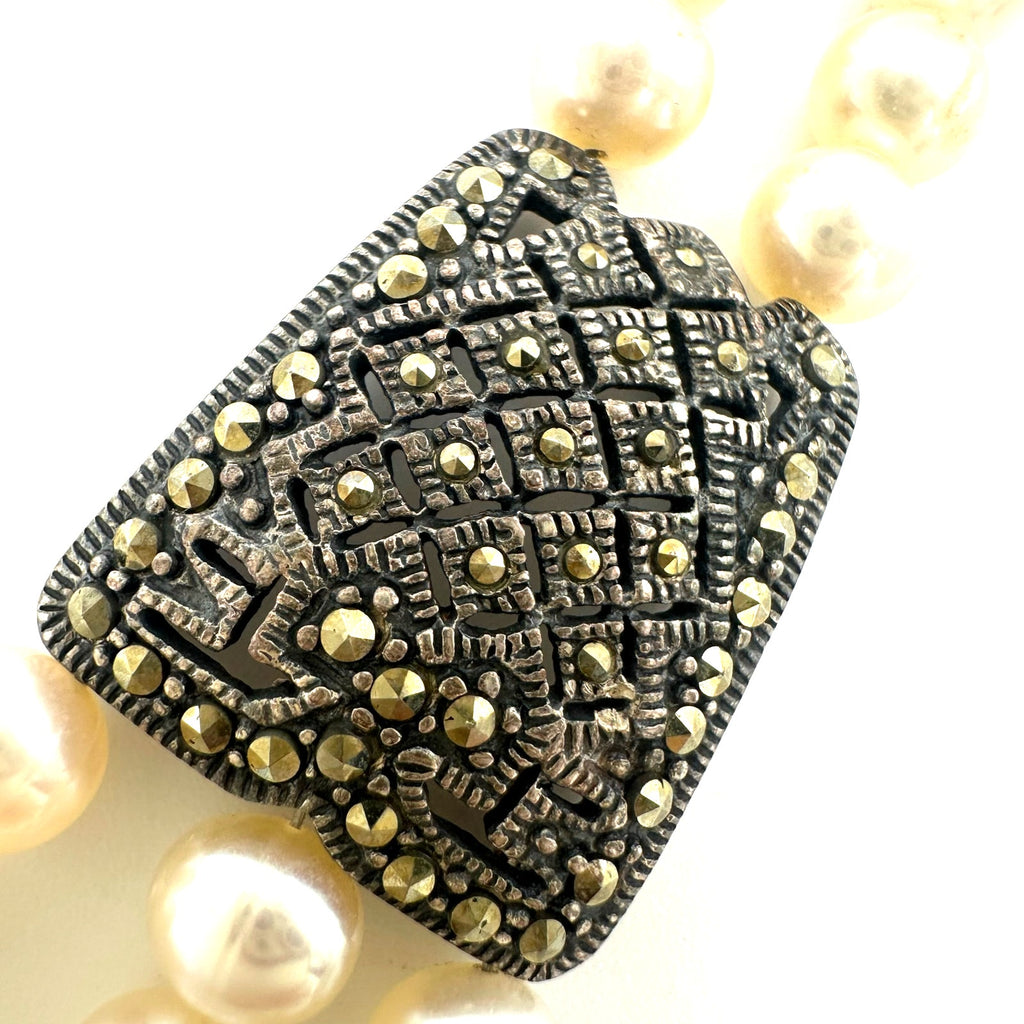NF Thailand 925 sterling silver marcasite real freshwater pearls bracelet 32.40g