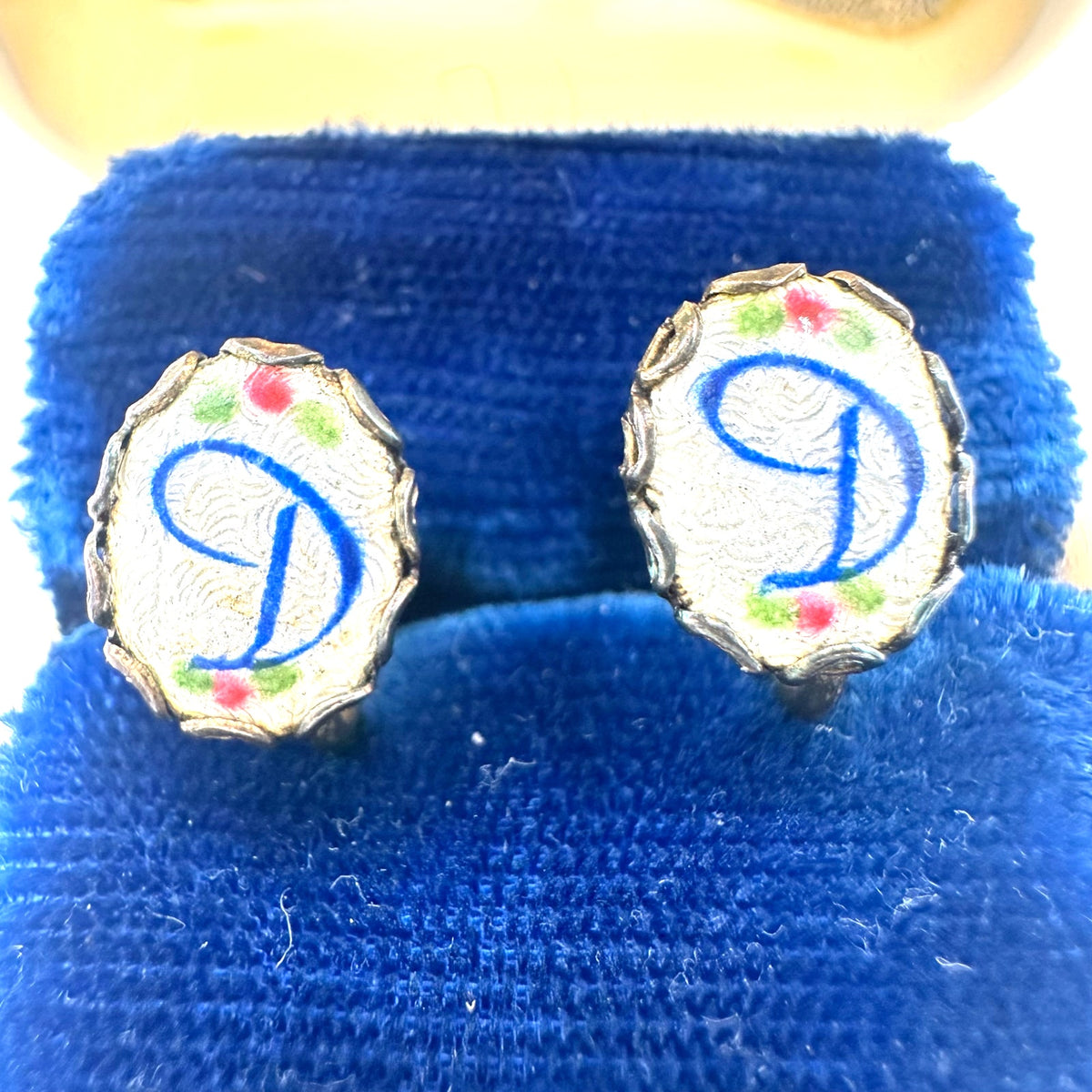 Bundle lot 3 vintage D initial guilloche enamel brooch earrings crystal pendant