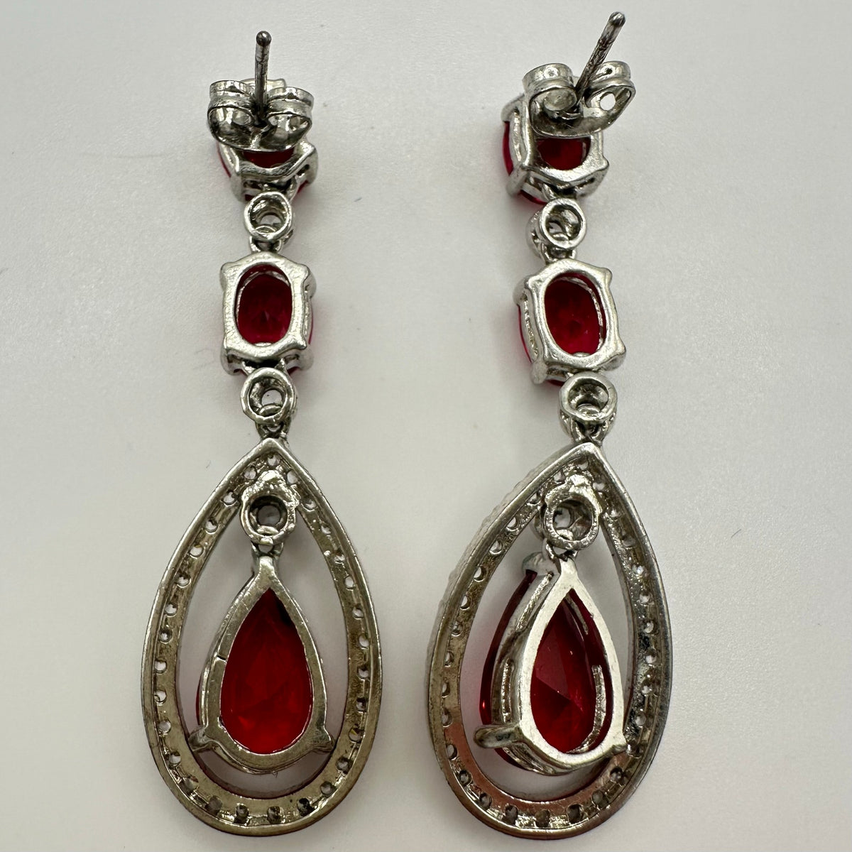 Silver tone red crimson clear cubic zirconia CZ posts dangle drop earrings