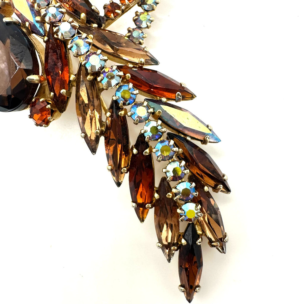Vintage gold tone amber brown topaz glass AB aurora borealis rhinestones brooch