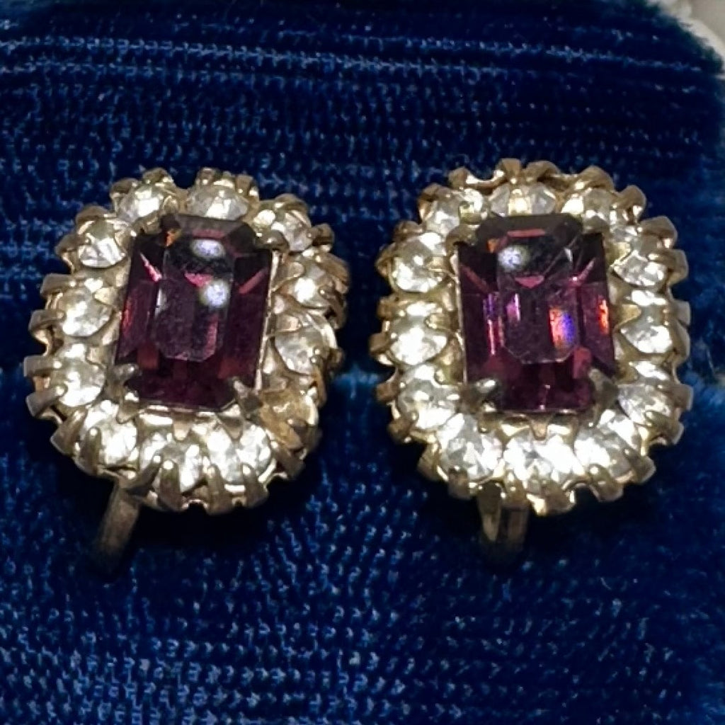 Vargas vintage gold tone purple clear glass rhinestones screw back earrings