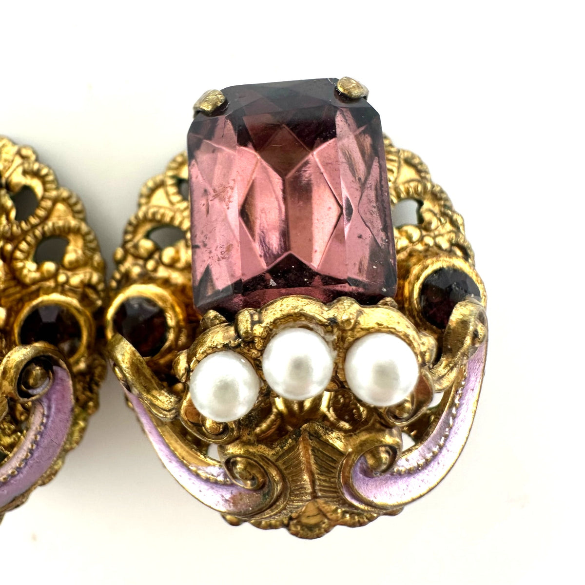 West Germany vintage gold tone filigree purple rhinestones clip on earrings