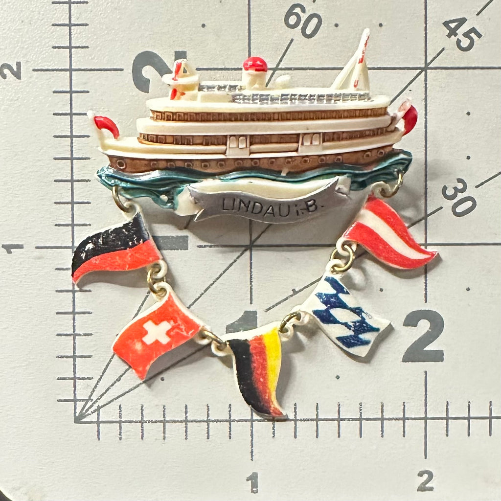 Lindau Germany 1940s retro hand painted celluloid souvenir ship flags brooch