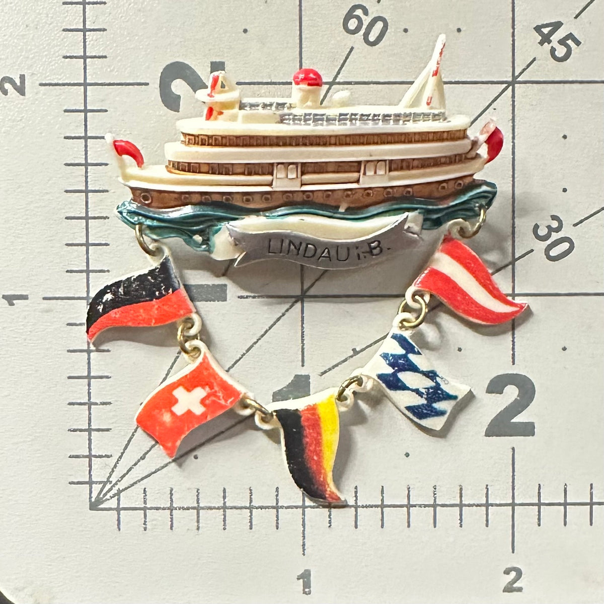 Lindau Germany 1940s retro hand painted celluloid souvenir ship flags brooch