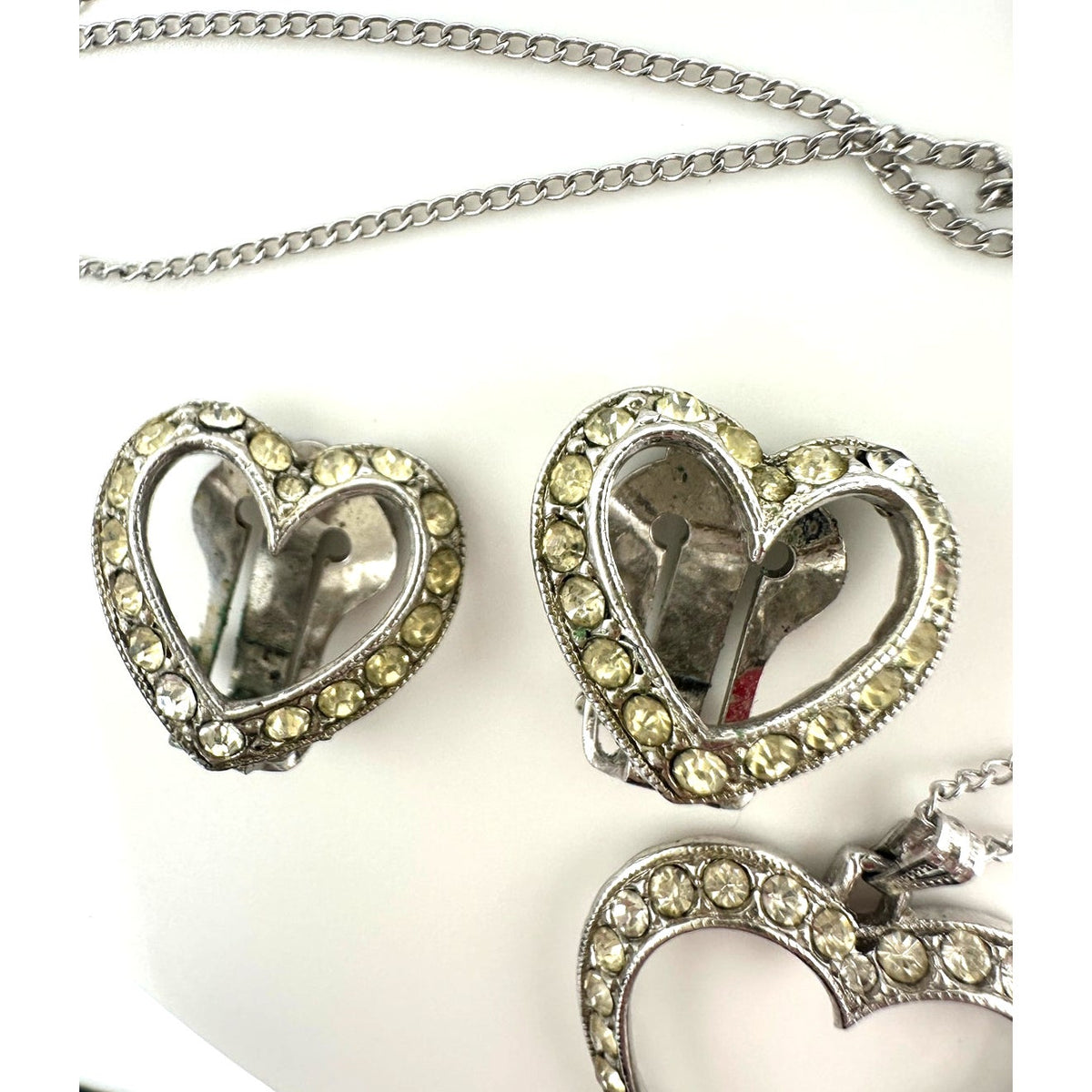 Bogoff vintage silver tone clear rhinestones heart necklace clip on earrings set