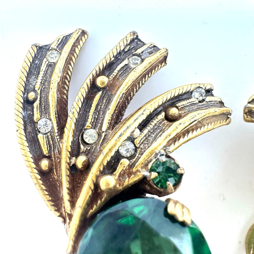 Vintage gold tone fern green rhinestones fan spray crawler clip on earrings