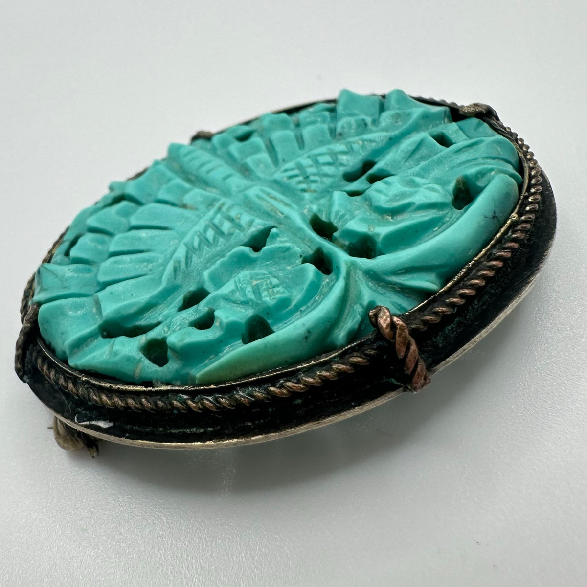Antique Chinese carved genuine turquoise sterling silver oval brooch pin 6.3g