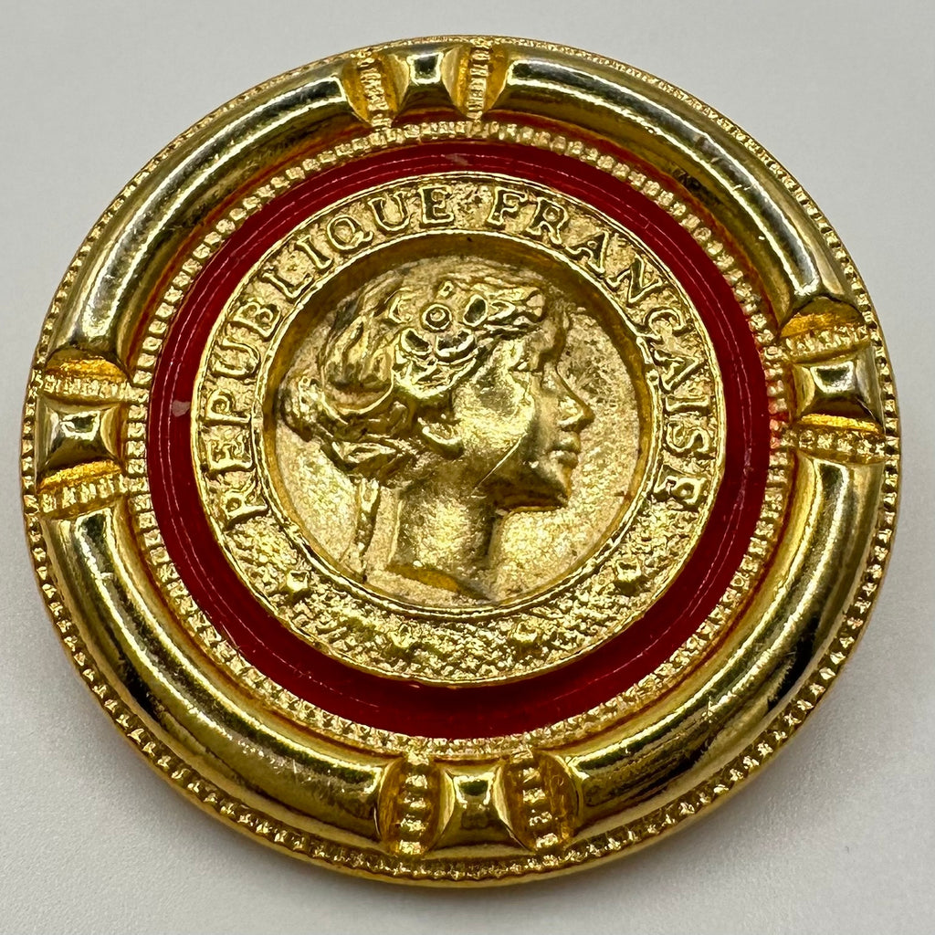 Vintage gold tone red enamel French Republic coin replica statement brooch