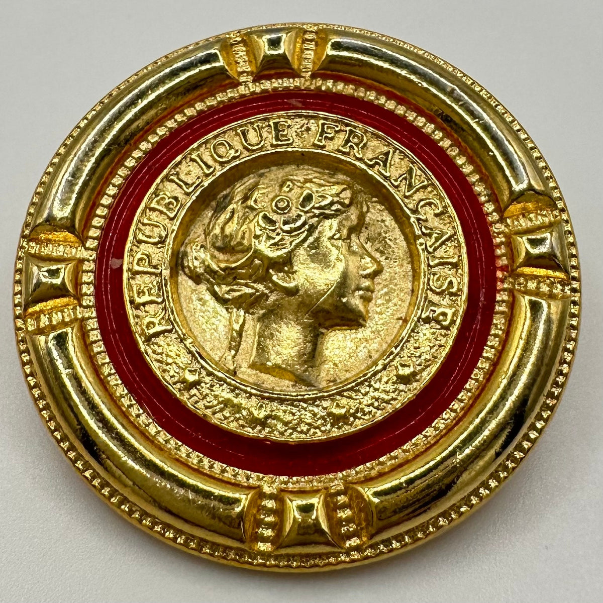 Vintage gold tone red enamel French Republic coin replica statement brooch