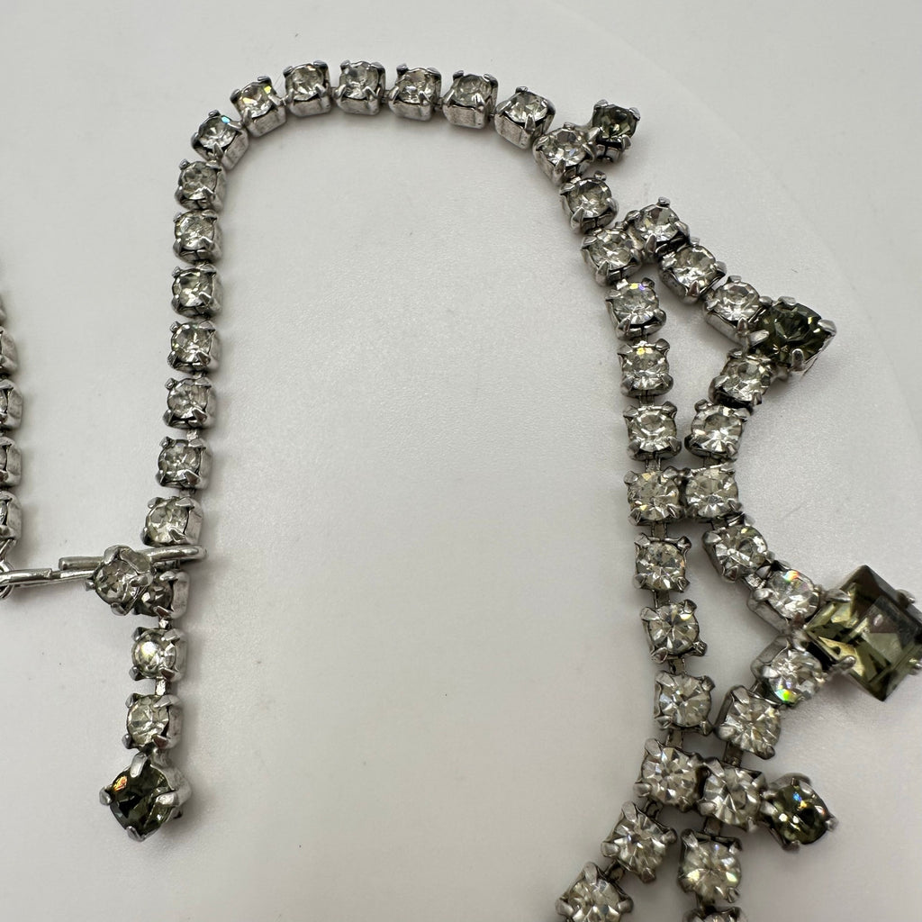1940s 1950s vintage silver tone clear gray glass rhinestones swag necklace