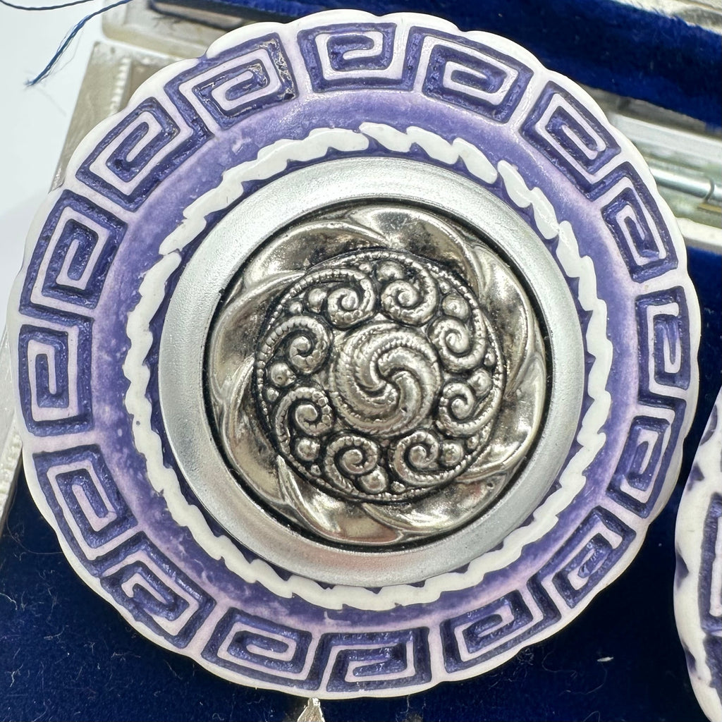 1980s vintage silver tone blue white Greek Key statement clip on earrings