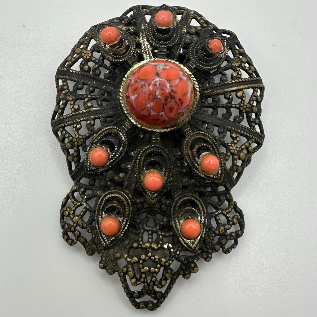 Antique Art Deco brass filigree orange art glass cabochons dress clip