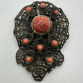 Antique Art Deco brass filigree orange art glass cabochons dress clip