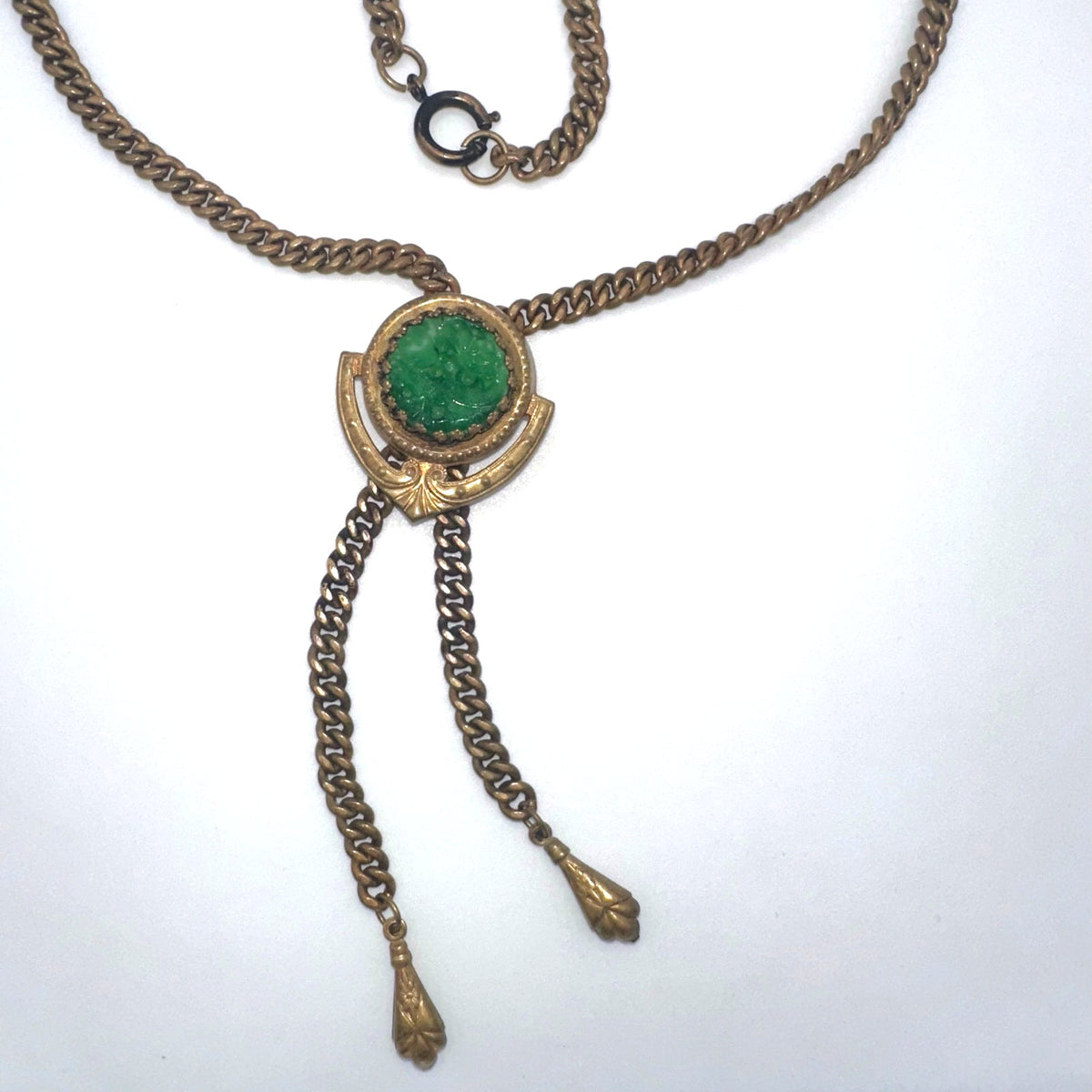 Antique vintage Victorian Revival brass molded green glass slider fob necklace