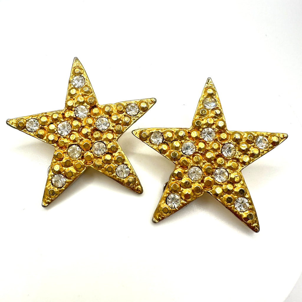 Vintage 1990s gold tone clear rhinestones 5 point stars clip on earrings