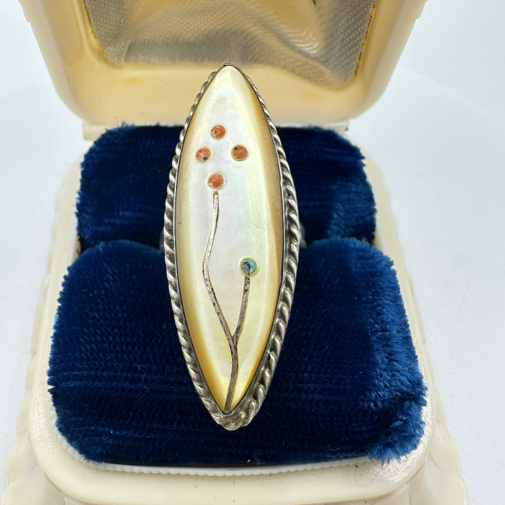 Zuni Native American sterling silver mother of pearl coral turquoise inlay ring