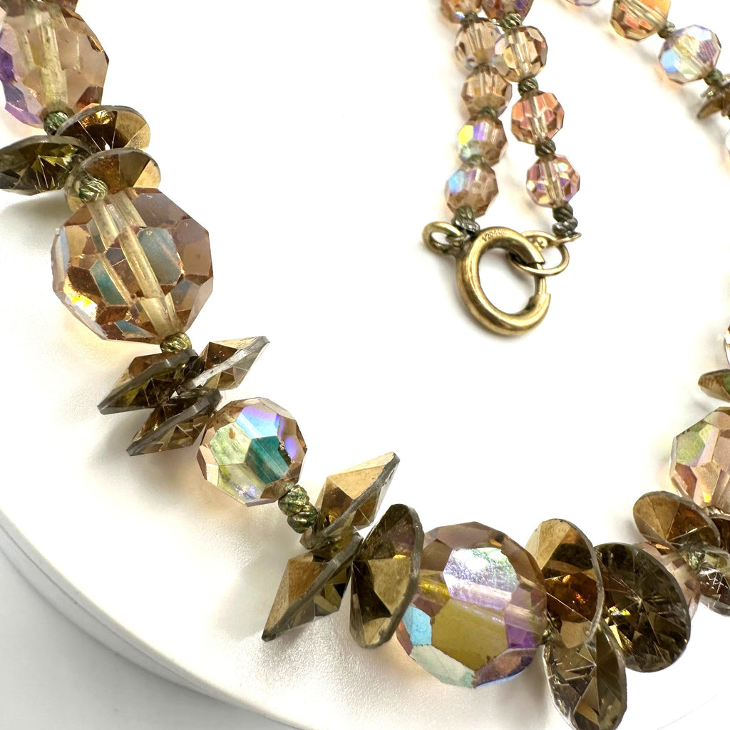 Vintage light topaz faceted glass aurora borealis AB beaded 15.5” necklace