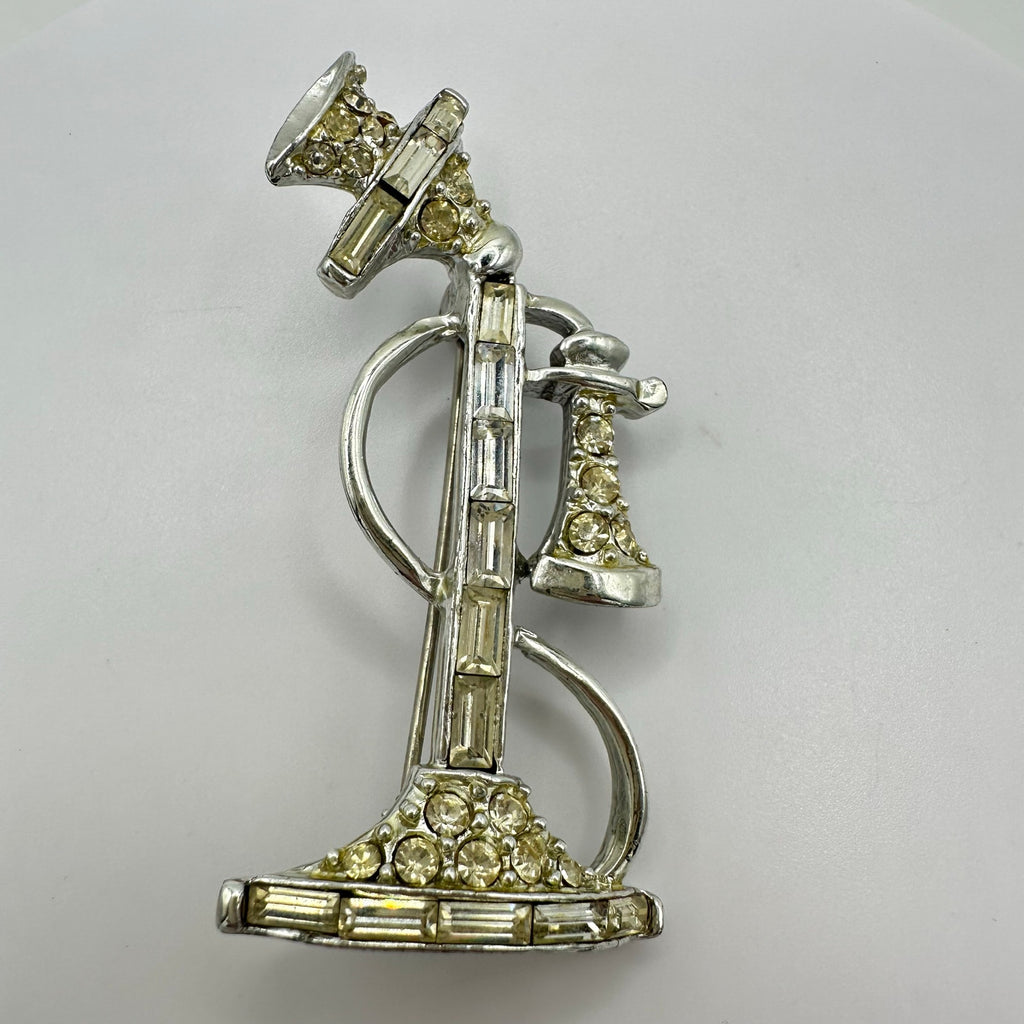 Vintage retro silver tone rhodium plated clear rhinestones telephone brooch