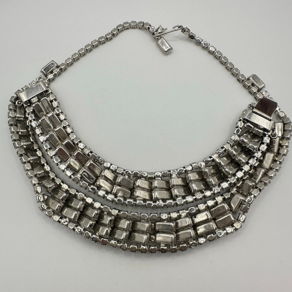 Vintage 1950s silver tone clear rhinestones tennis bracelet necklace parure
