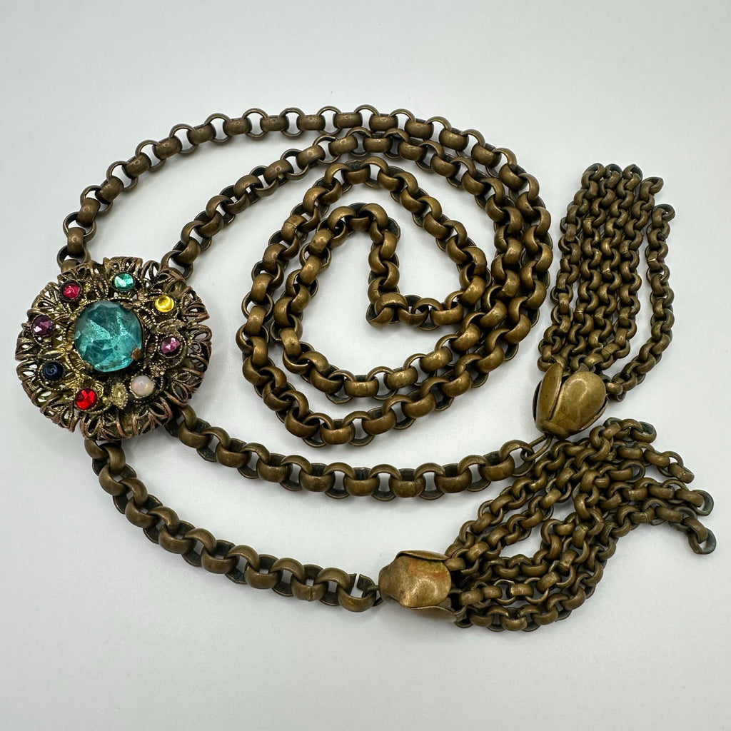 Antique Art Deco gold tone brass Czech glass rhinestones slider tassel necklace