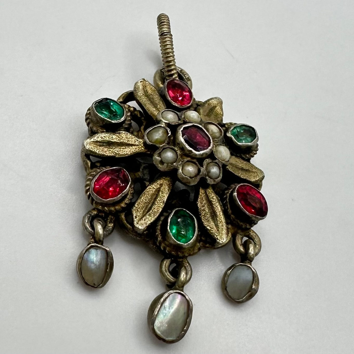 Antique 1800s Austro-Hungarian 800 silver gold gilt natural gemstones pendant