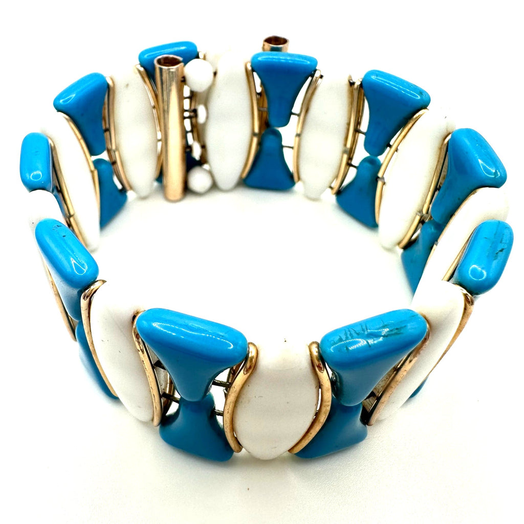 Western Germany vintage blue white milk glass gold tone beaded wrap bracelet
