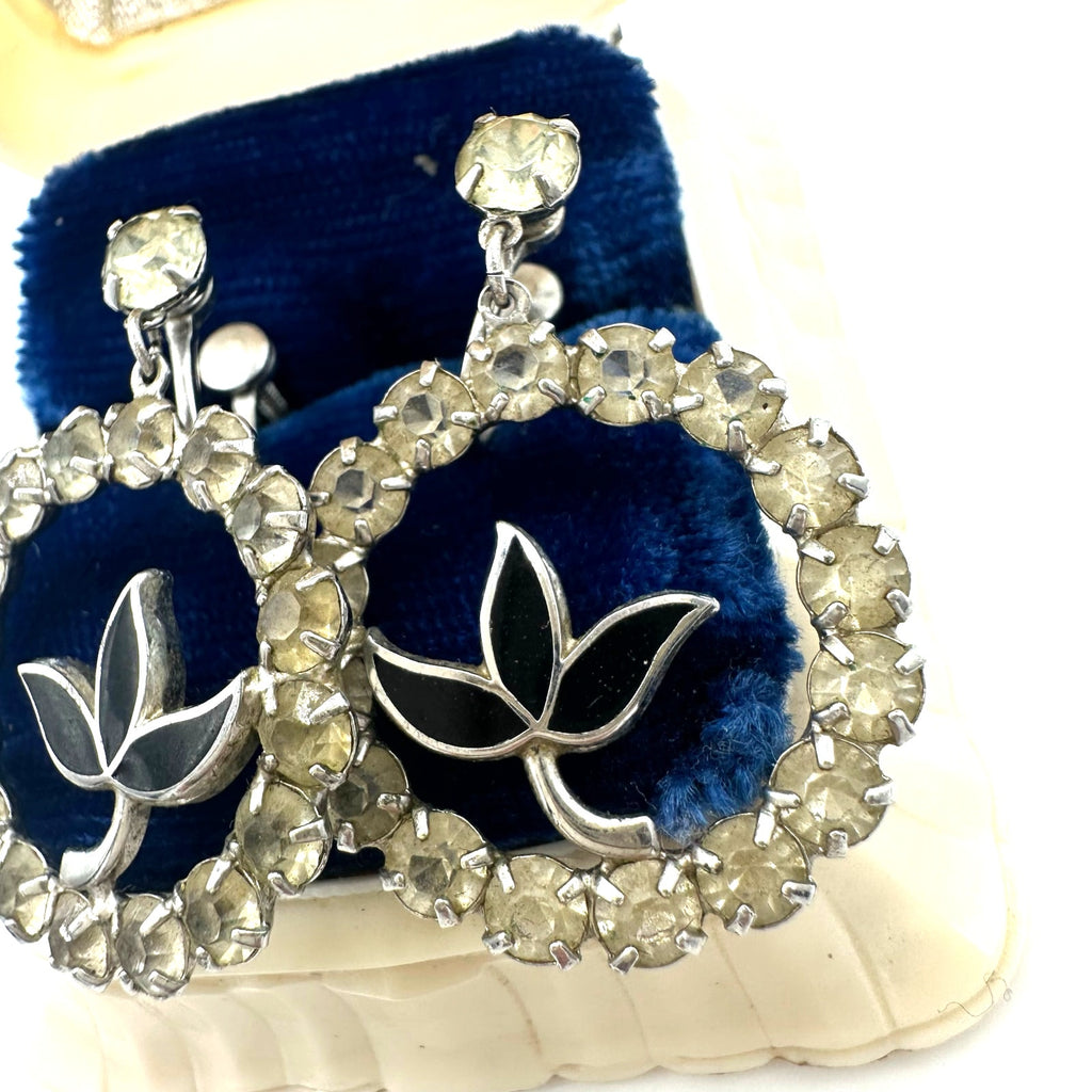 1940s vintage sterling silver clear rhinestones black enamel screw back earrings