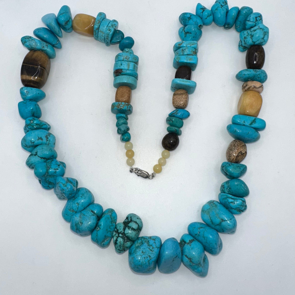 Turquoise tiger’s eye agate beaded sterling silver 30” statement necklace 331g