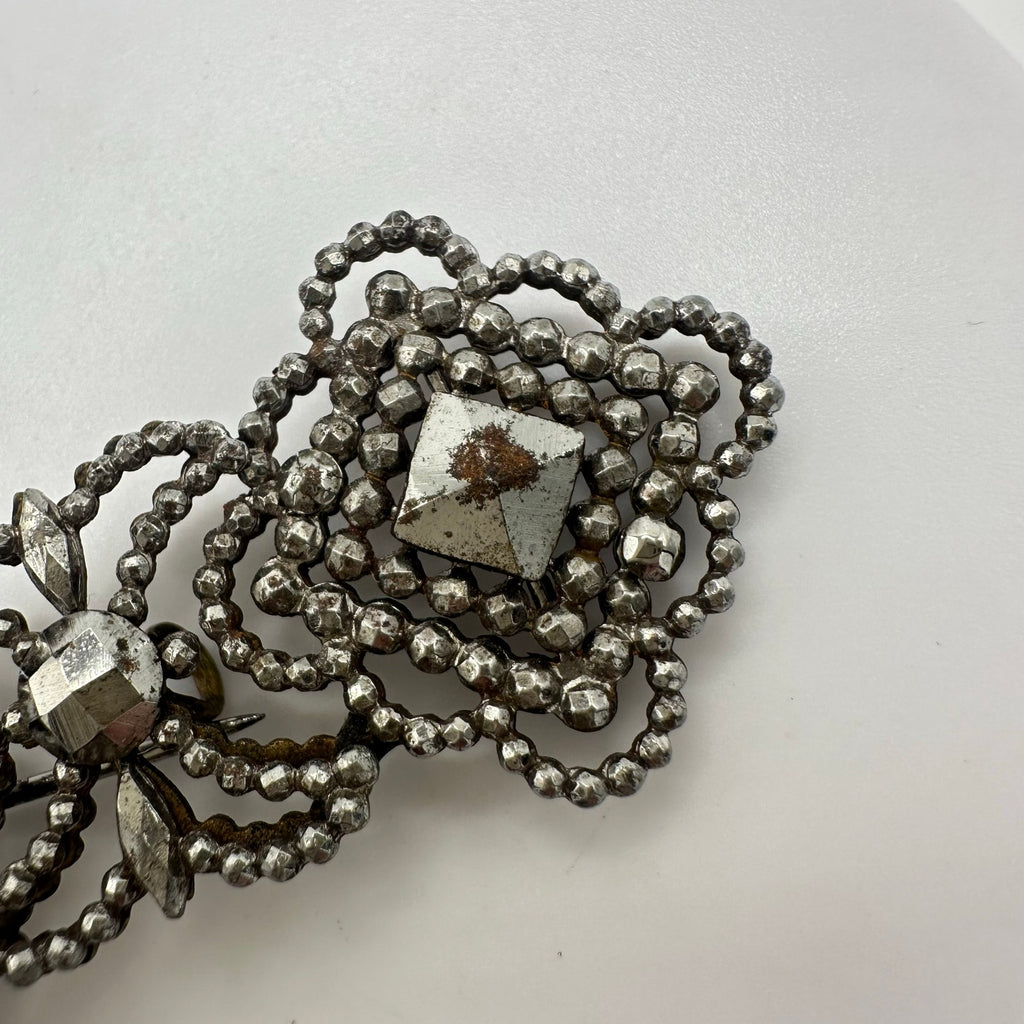 Antique Victorian 1800s large silver tone faceted cut steel brooch bar pin