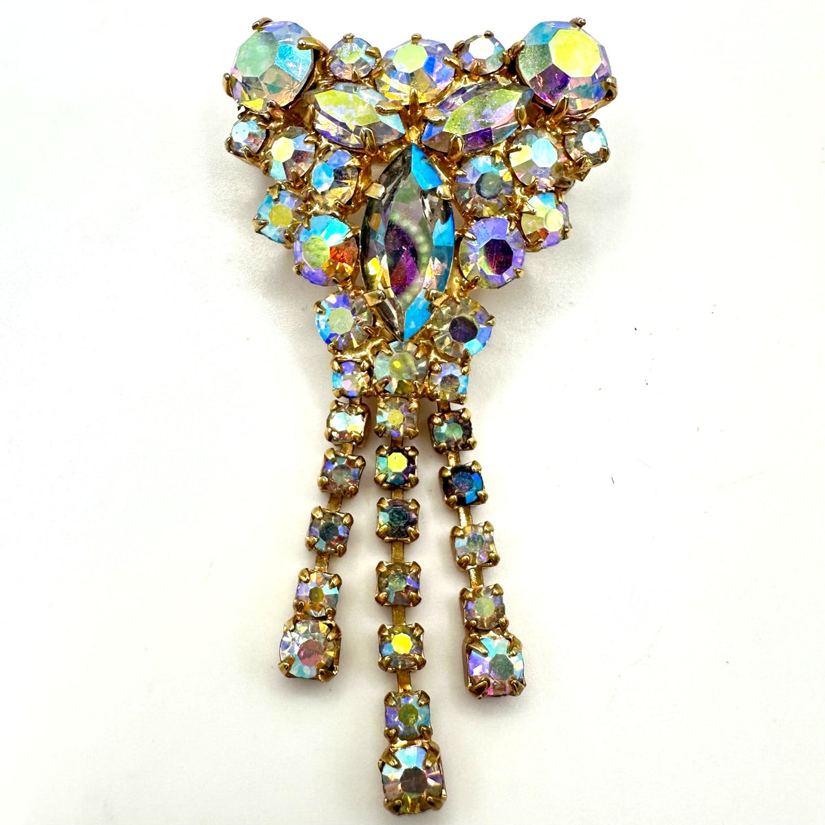 Vintage gold tone aurora borealis AB glass rhinestones fringe dangle brooch