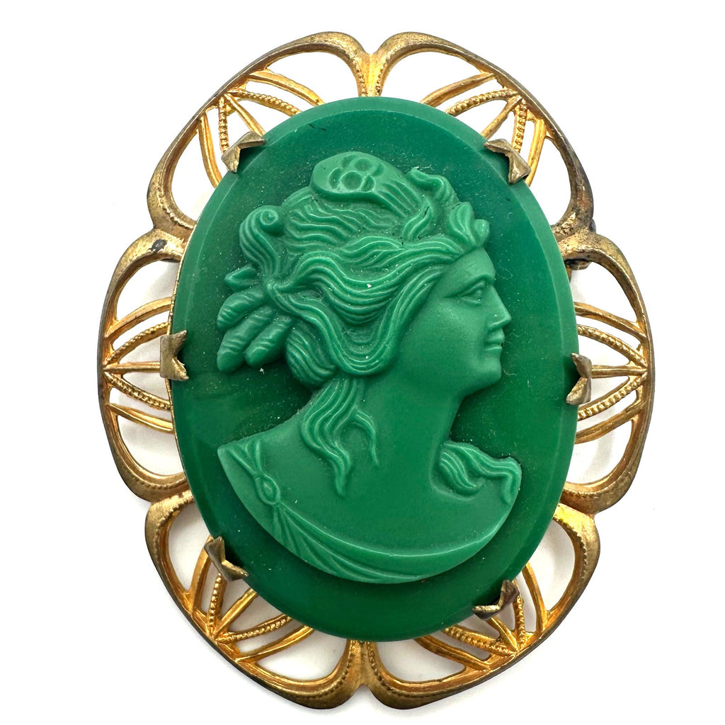 Antique vintage molded emerald green glass cameo gold tone brass brooch