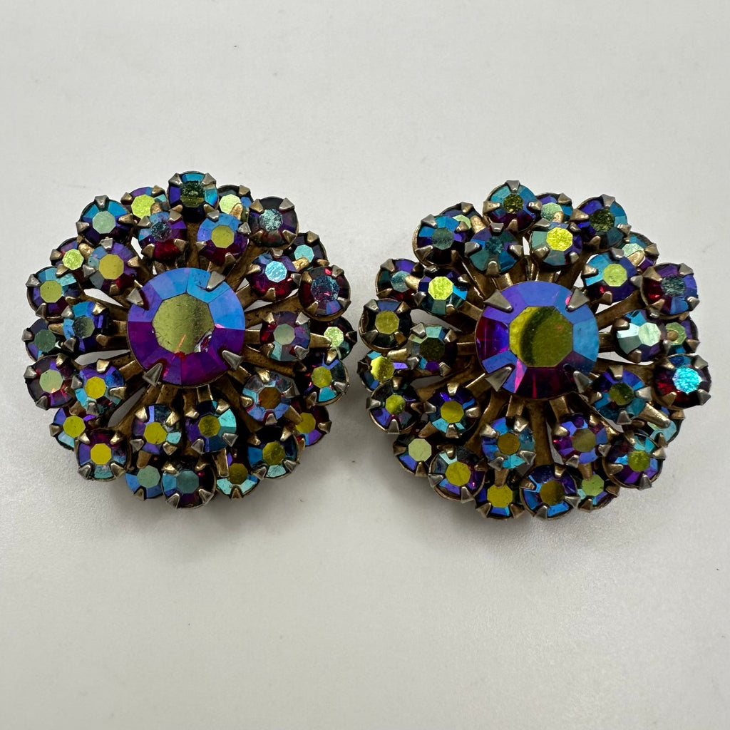 Vintage 1950s gold tone red aurora borealis AB rhinestones clip on earrings