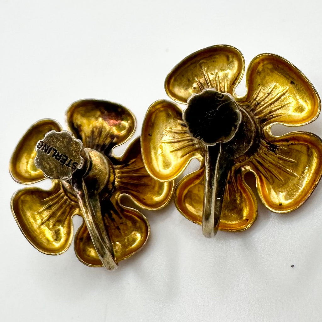 1940s sterling silver gold plated flowers purple rhinestones screw back earrings