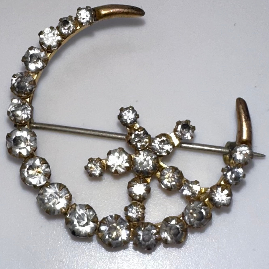 Antique Victorian gold gilt clear glass rhinestones crescent moon star brooch