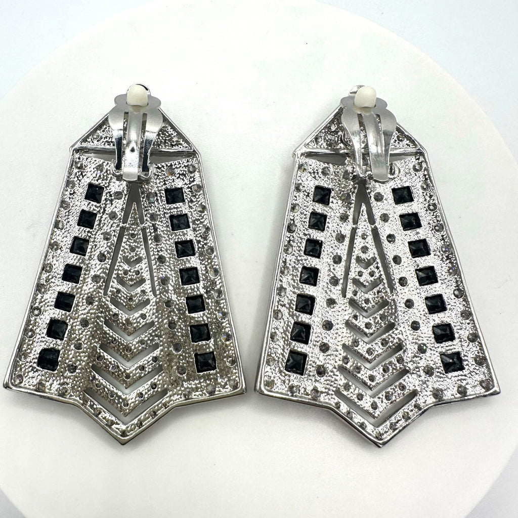 Real Collectibles by Adrienne Art Deco Revival silver black CZ clip on earrings