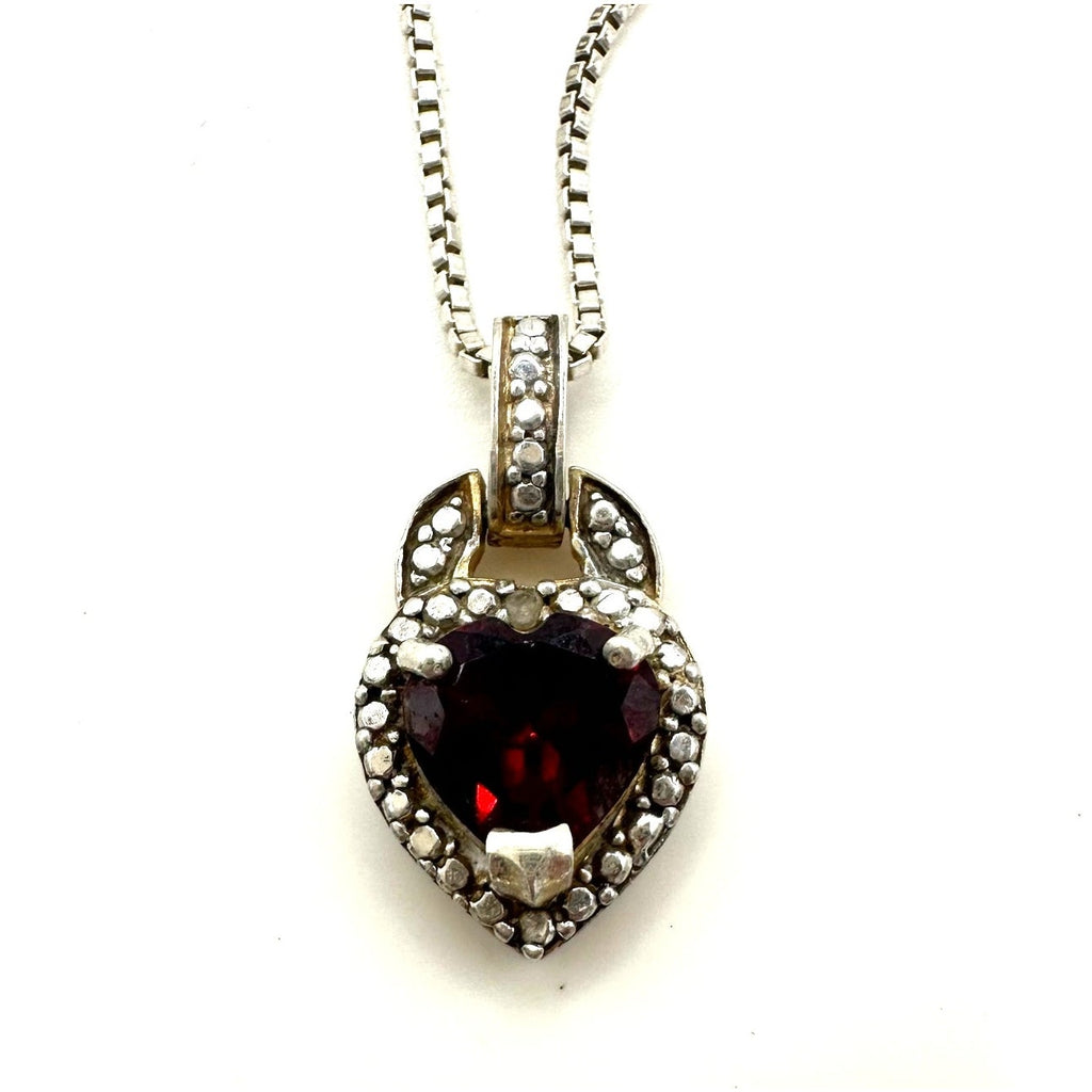 FAS Thai 925 sterling silver real garnet heart pendant 20" box chain necklace