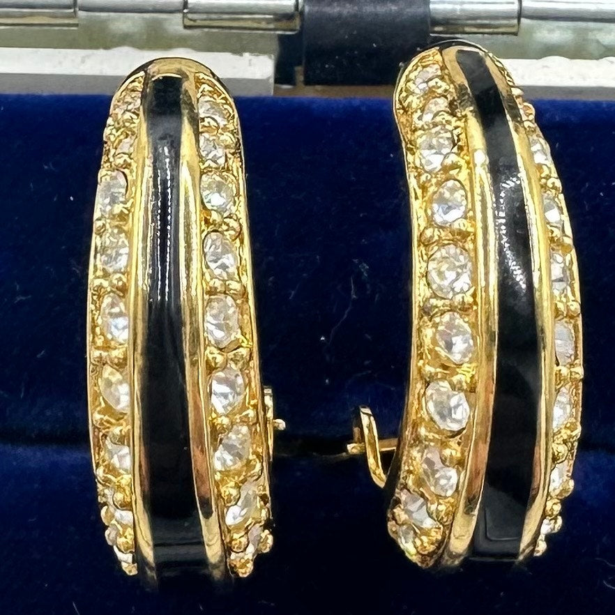 Swarovski Swan vintage gold plated crystals enamel half hoops clip on earrings