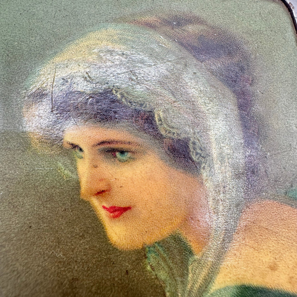 Antique Edwardian 1900s German silver tone portrait cigarette box case compact