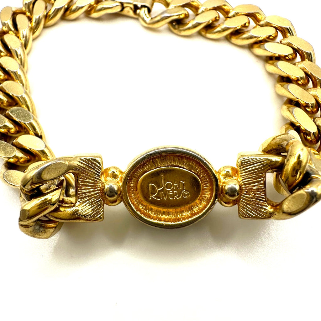 Joan Rivers vintage gold tone black glass cabochon rhinestones chain bracelet