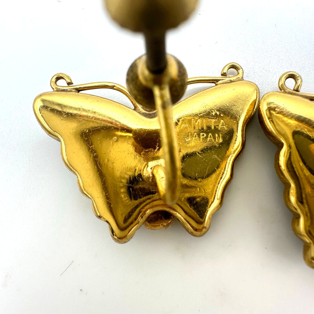 Amita Japan Damascene vintage gold plated black butterfly screw back earrings