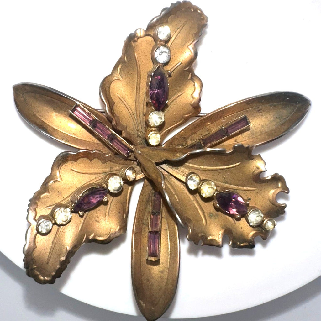 Vintage gold tone purple clear rhinestones large 3D iris flower brooch