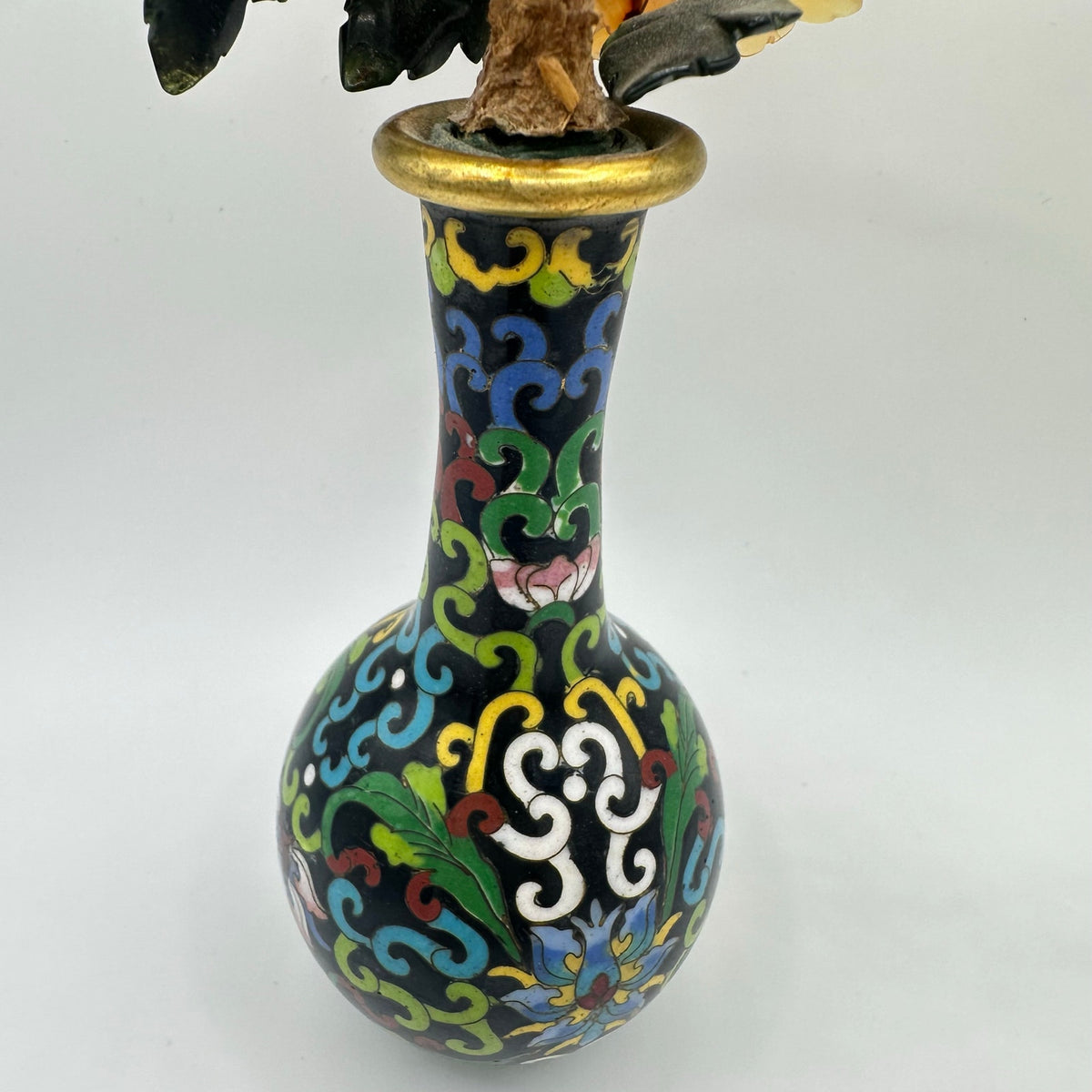 Vintage Chinese cloisonné enamel vase guilloche bird semiprecious flowers tree