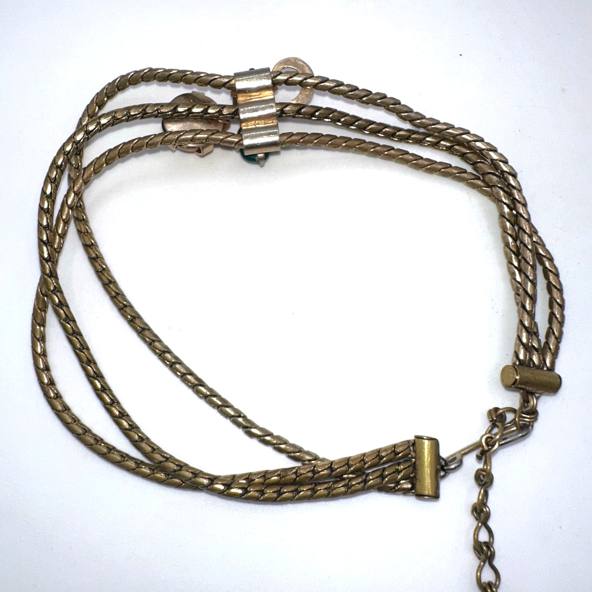 Vintage triple 3 strand gold tone chains multicolor art glass slider necklace