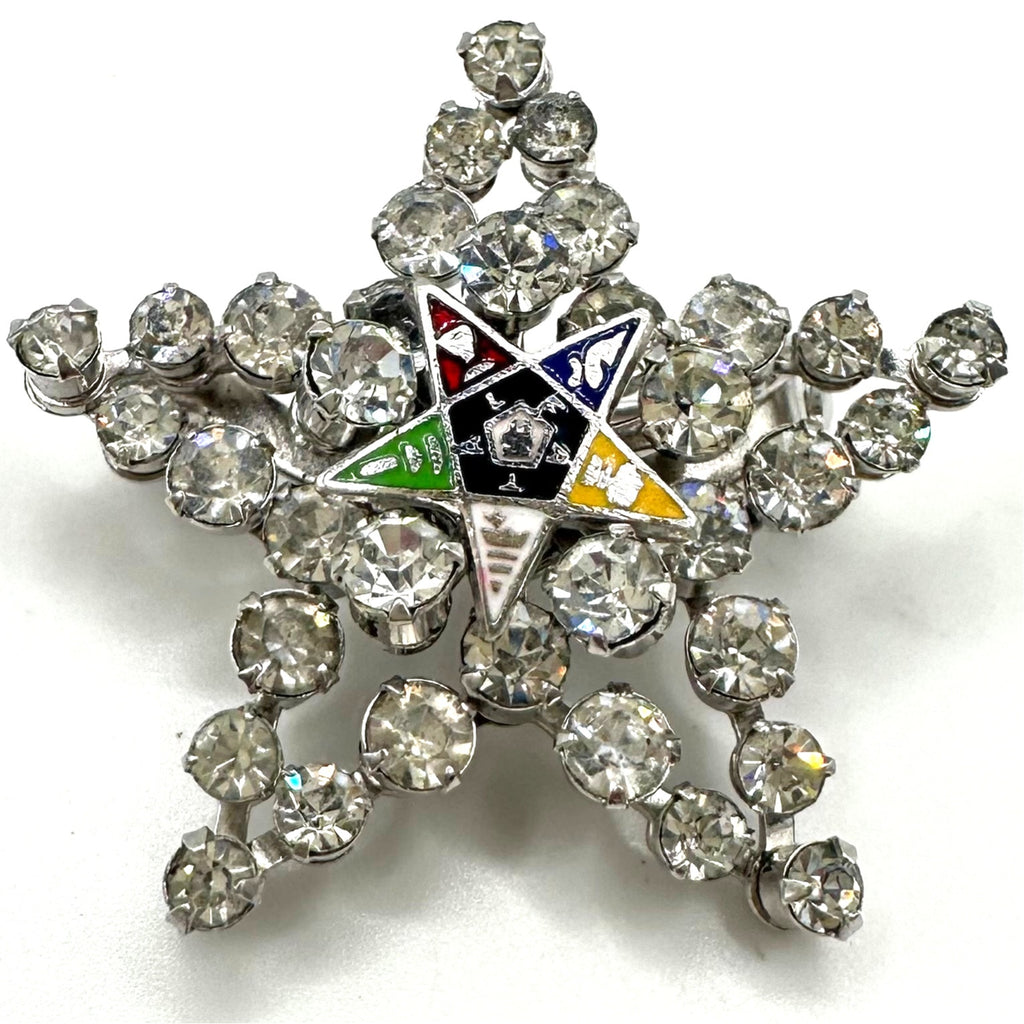 Order of the Eastern 5 point Star vintage silver tone rhinestones enamel brooch