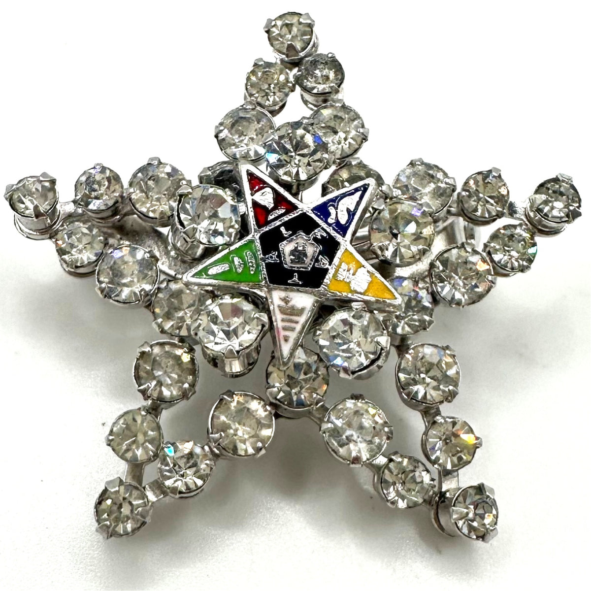 Order of the Eastern 5 point Star vintage silver tone rhinestones enamel brooch