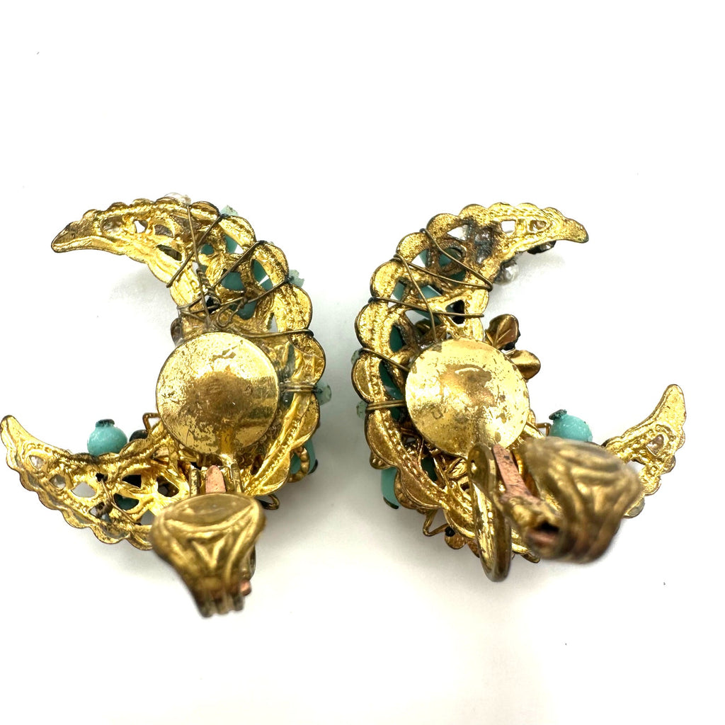 Vintage gold tone turquoise beaded rhinestones crescent moon clip on earrings
